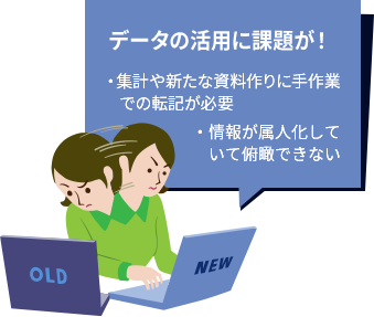 データの活用に課題が！・集計や新たな資料作りに手作業での転記が必要・情報が属人化していて俯瞰できない